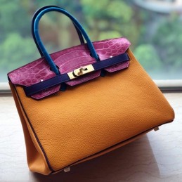 Replica Hermes Orange Pink Blue Crocodile Leather Birkin 30 Bag