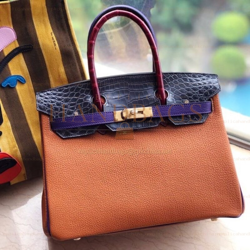 Replica Hermes Orange Blue Crocodile Leather Birkin 30 Bag