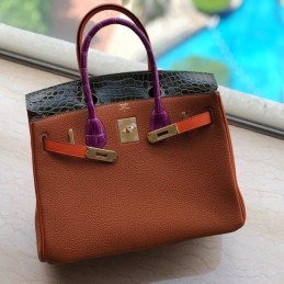 Replica Hermes Brown Orange Crocodile Leather Birkin 30 Bag