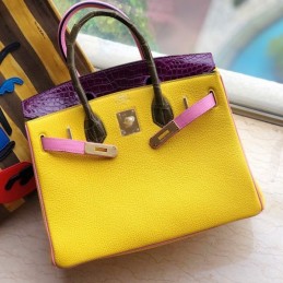 Replica Hermes Yellow Purple Crocodile Leather Birkin 30 Bag