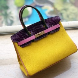 Replica Hermes Yellow Purple Crocodile Leather Birkin 30 Bag