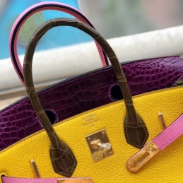 Replica Hermes Yellow Purple Crocodile Leather Birkin 30 Bag