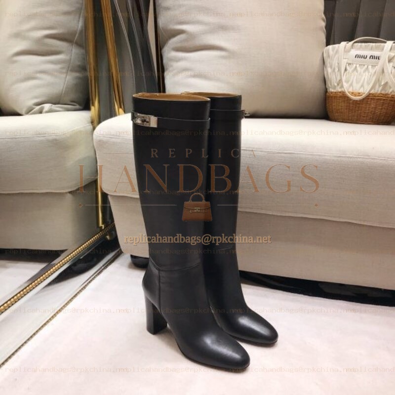 Replica Hermes Black Palladium Buckle Knee High Boot