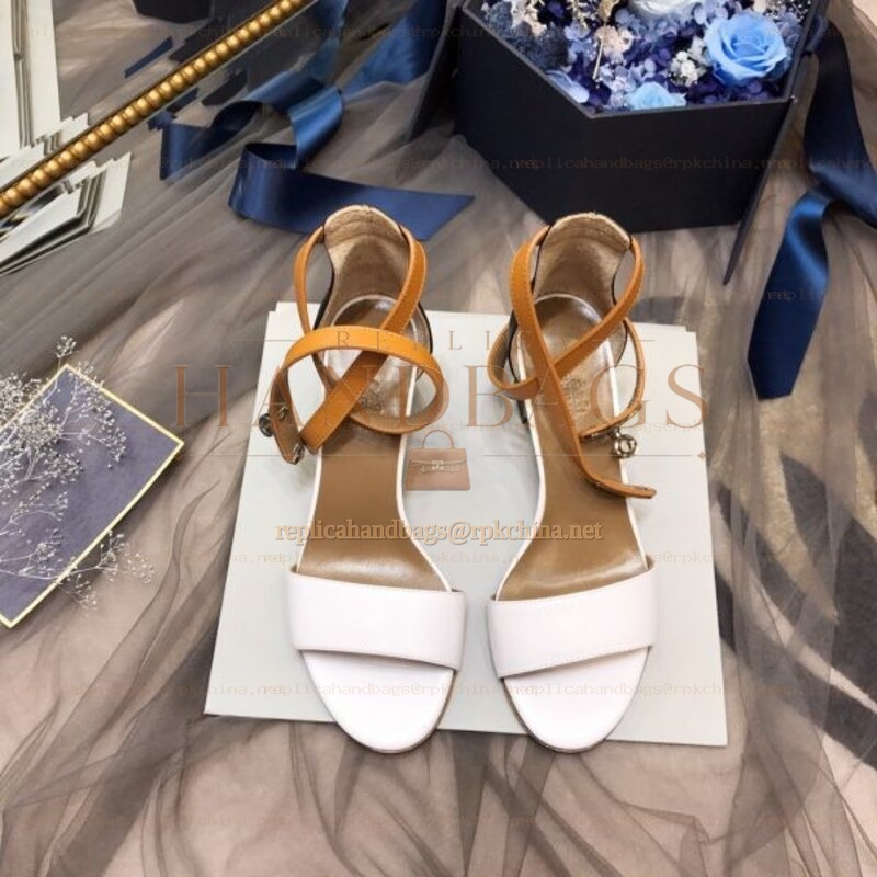 Replica Hermes White Tan Ankle Strap Sandal