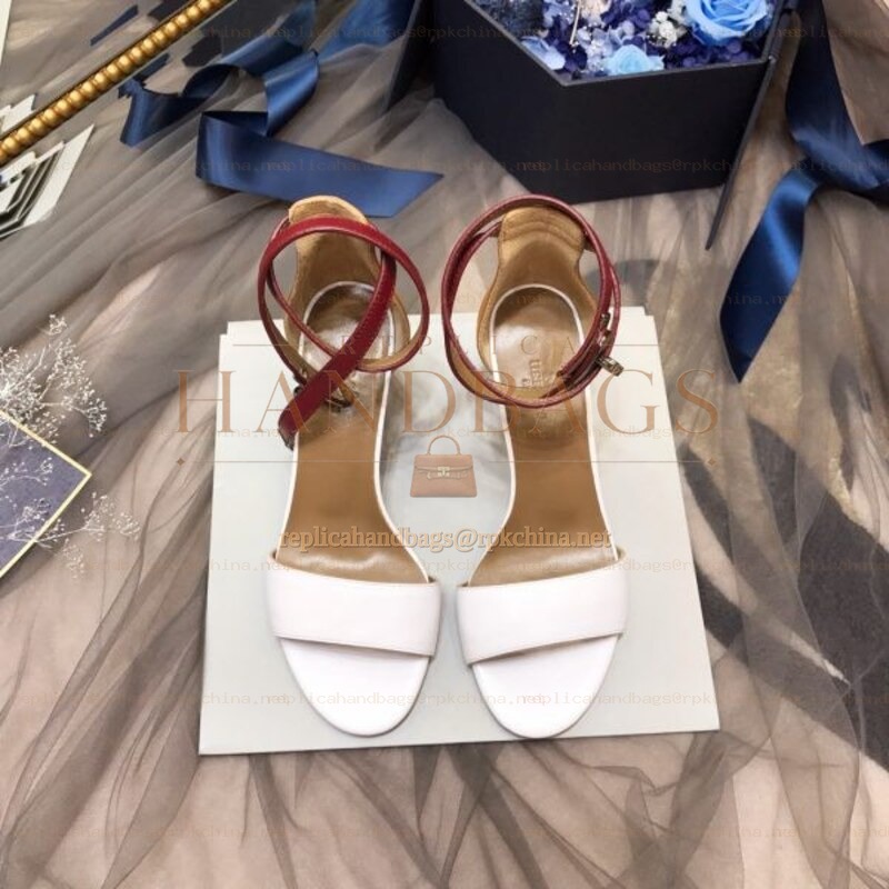 Replica Hermes White Burgundy Ankle Strap Sandal