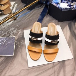 Replica Hermes Tan Black Double Strap Slide Sandal
