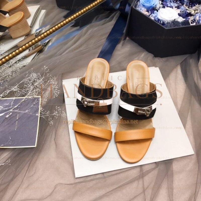 Replica Hermes Tan Black Double Strap Slide Sandal