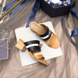 Replica Hermes Tan Black Double Strap Slide Sandal
