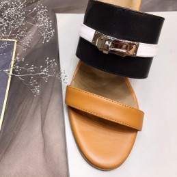 Replica Hermes Tan Black Double Strap Slide Sandal