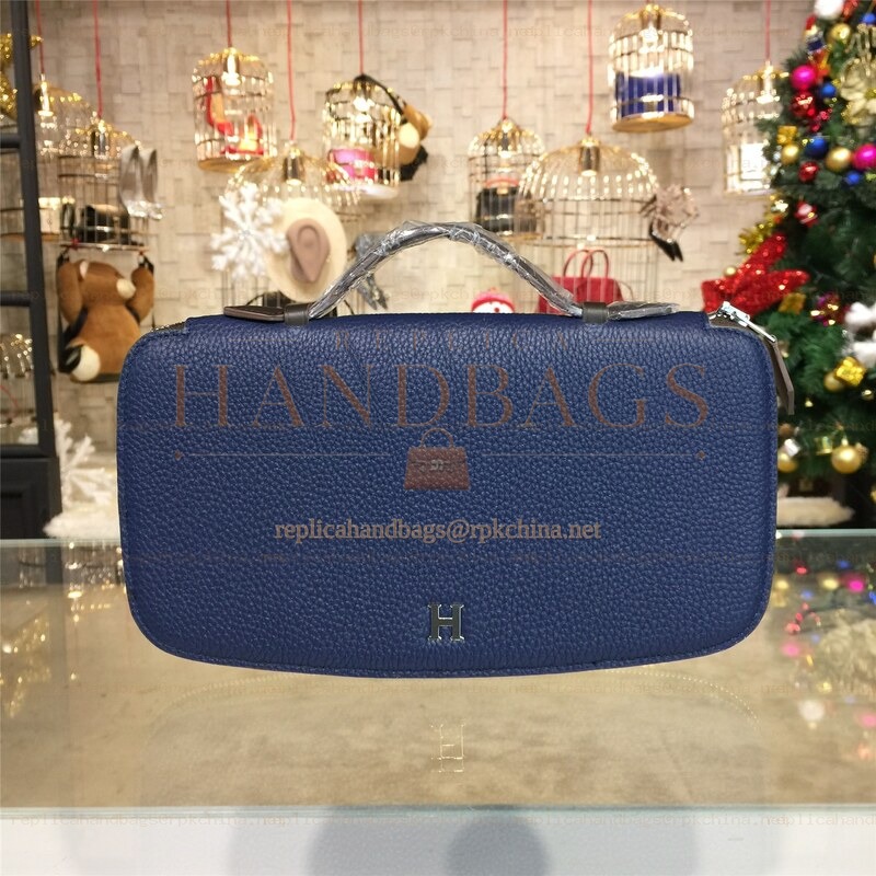 Replica Hermes Navy Blue H Leather Wallet