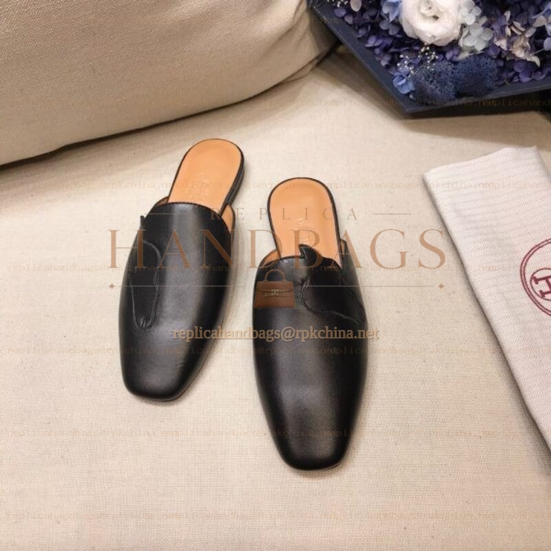 Replica Hermes Black Leather Mule