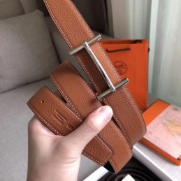 Replica Hermes Cognac Brown Classic Silver H Buckle Leather Belt