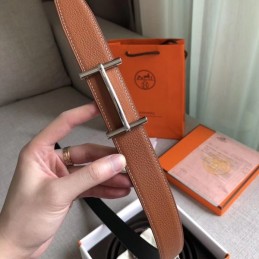 Replica Hermes Cognac Brown Classic Silver H Buckle Leather Belt