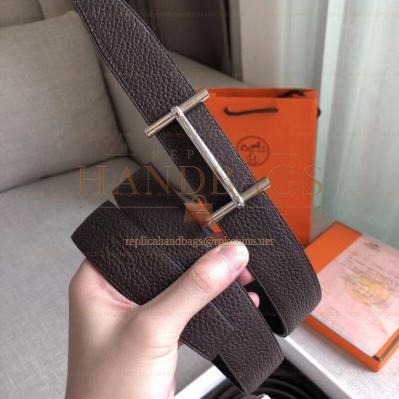 Replica Hermes Dark Brown Leather H Buckle Belt