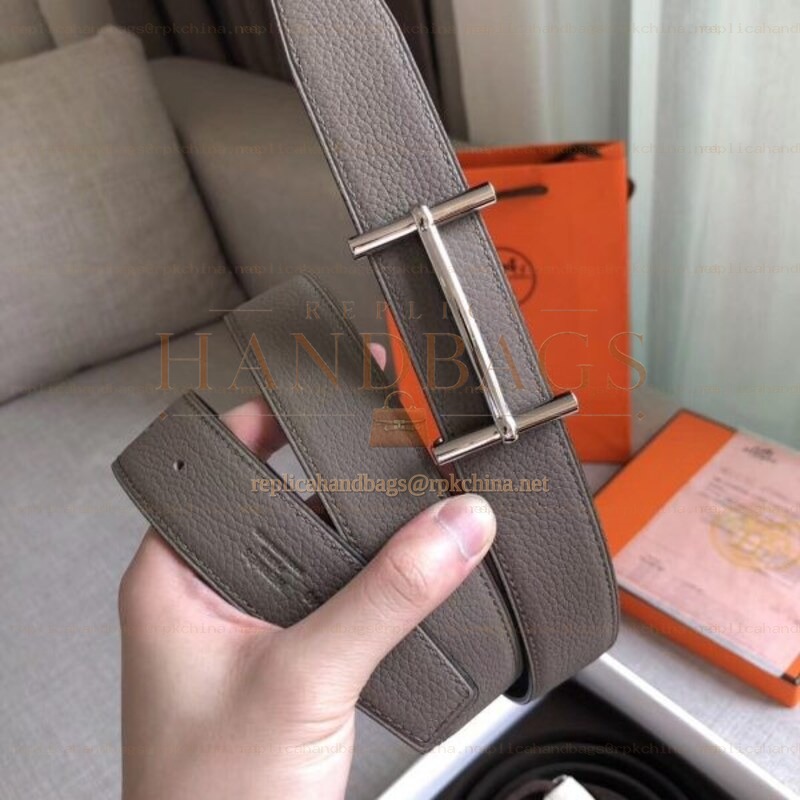 Replica Hermes Taupe Gray Leather H Buckle Belt