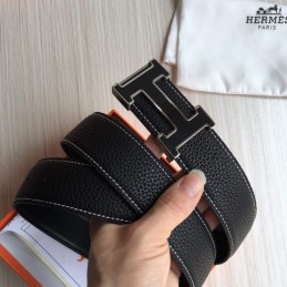 Replica Hermes Black Silver H Buckle Leather Belt