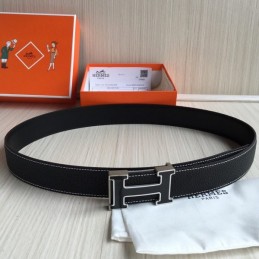 Replica Hermes Black Silver H Buckle Leather Belt
