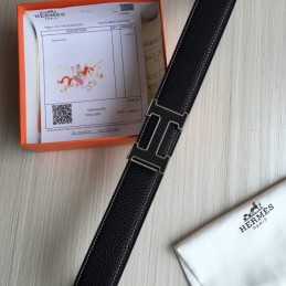 Replica Hermes Black Silver H Buckle Leather Belt