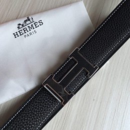 Replica Hermes Black Silver H Buckle Leather Belt