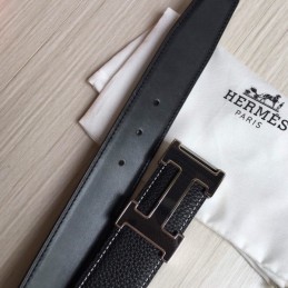 Replica Hermes Black Silver H Buckle Leather Belt