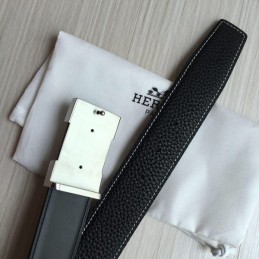 Replica Hermes Black Silver H Buckle Leather Belt