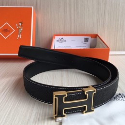 Replica Hermes Black Gold H Buckle Leather Belt