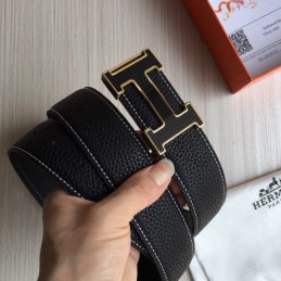 Replica Hermes Black Gold H Buckle Leather Belt