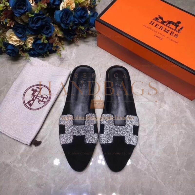 Replica Hermes Black Crystal H Buckle Loafer