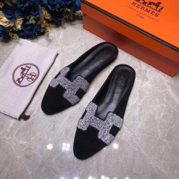 Replica Hermes Black Crystal H Buckle Loafer
