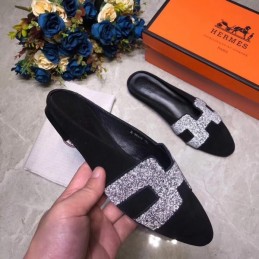 Replica Hermes Black Crystal H Buckle Loafer