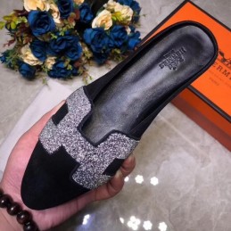 Replica Hermes Black Crystal H Buckle Loafer