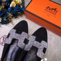 Replica Hermes Black Crystal H Buckle Loafer