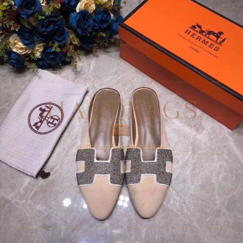 Replica Hermes Beige Crystal H Buckle Loafer