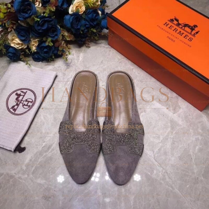 Replica Hermes Gray Crystal H Buckle Loafer