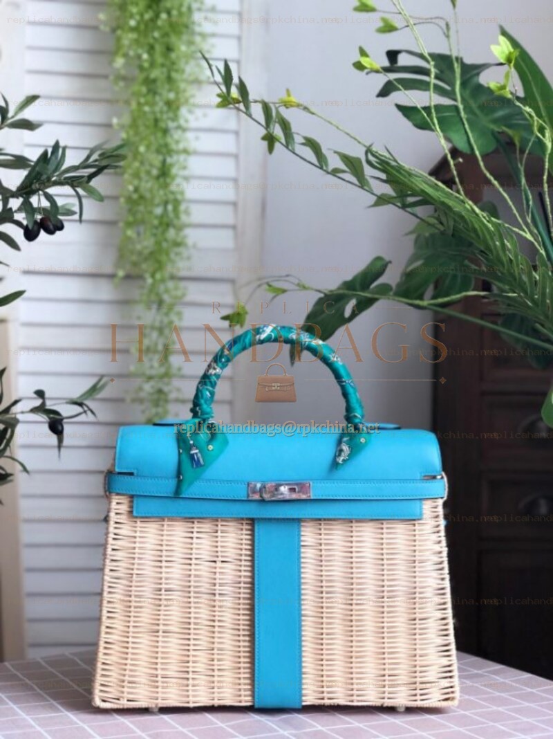 Replica Hermes Turquoise Wicker Kelly Picnic 35 Bag
