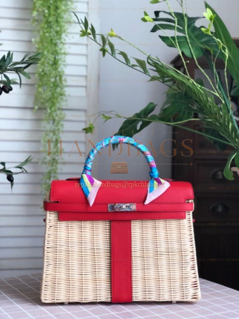Replica Hermes Red Wicker Kelly Picnic 35 Bag