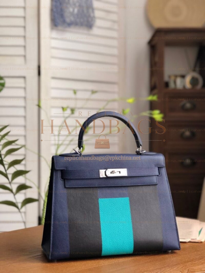 Replica Hermes Navy Blue Colorblock Kelly 28 Bag