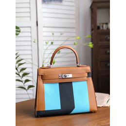 Replica Hermes Tan Blue Colorblock Kelly 28 Bag