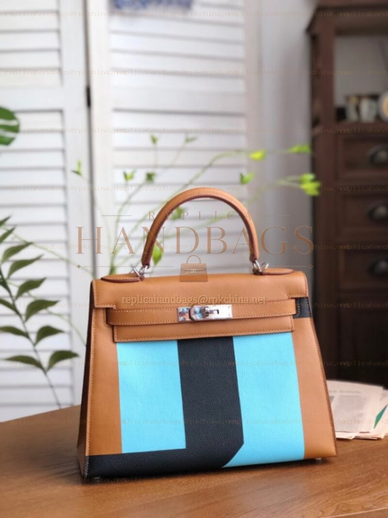 Replica Hermes Tan Blue Colorblock Kelly 28 Bag