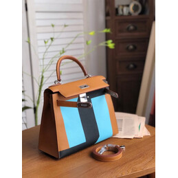 Replica Hermes Tan Blue Colorblock Kelly 28 Bag