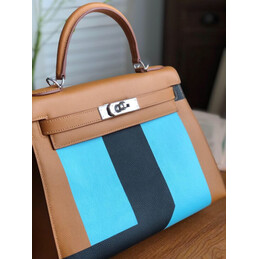 Replica Hermes Tan Blue Colorblock Kelly 28 Bag