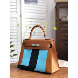 Replica Hermes Tan Blue Colorblock Kelly 28 Bag