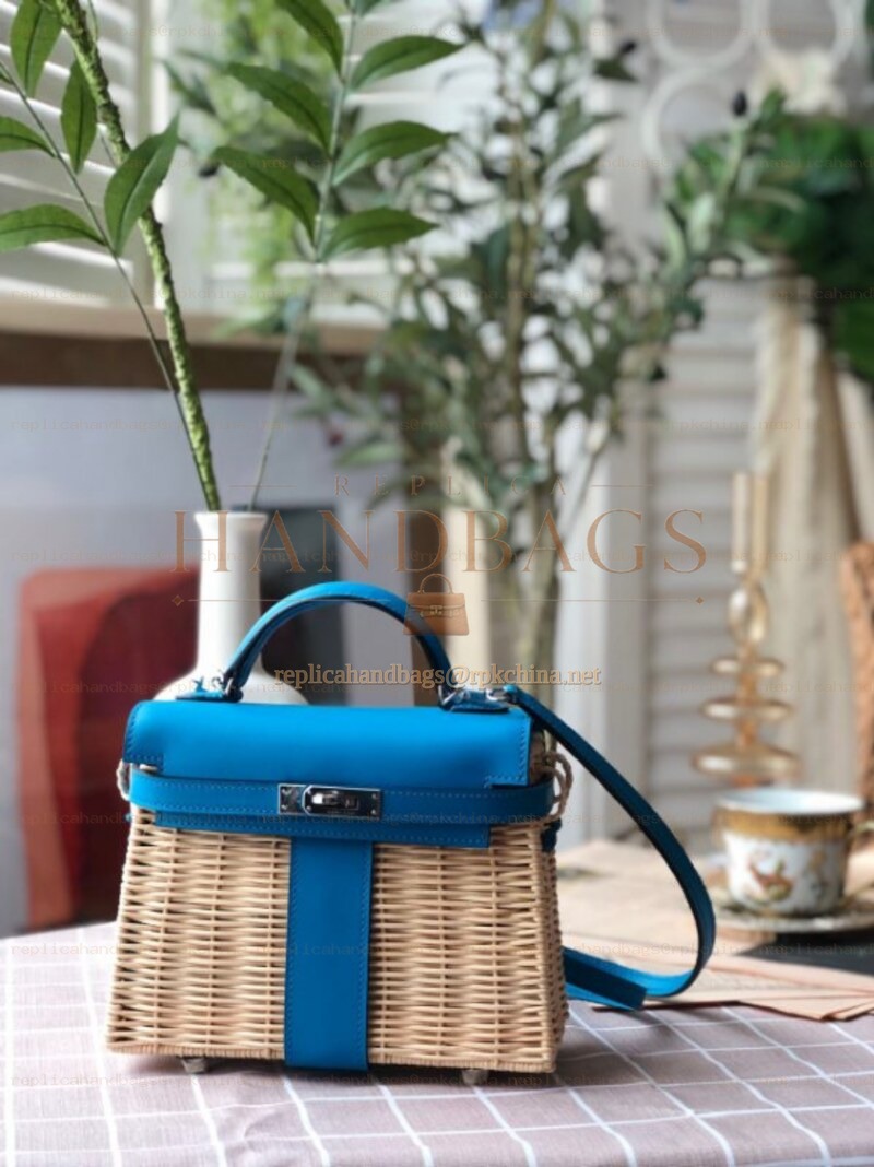 Replica Hermes Blue Wicker Kelly Picnic 20 Bag