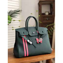 Replica Hermes Dark Green Red White Stripe Birkin 35 Palladium Hardware Bag