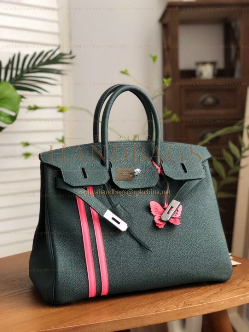 Replica Hermes Dark Green Red White Stripe Birkin 35 Palladium Hardware Bag