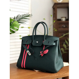 Replica Hermes Dark Green Red White Stripe Birkin 35 Palladium Hardware Bag