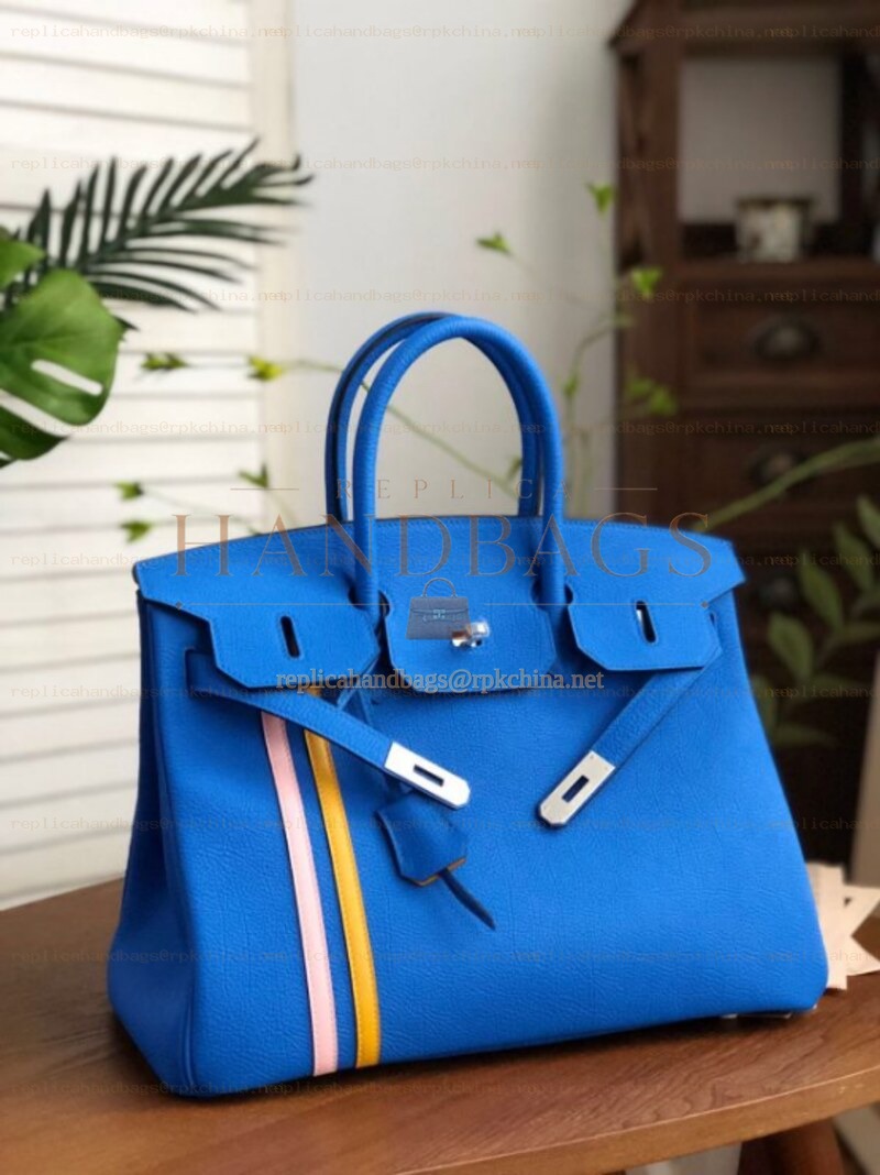 Replica Hermes Blue Yellow White Stripe Birkin 35 Palladium Hardware Bag