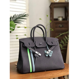 Replica Hermes Black Green White Stripe Birkin 35 Palladium Hardware Bag