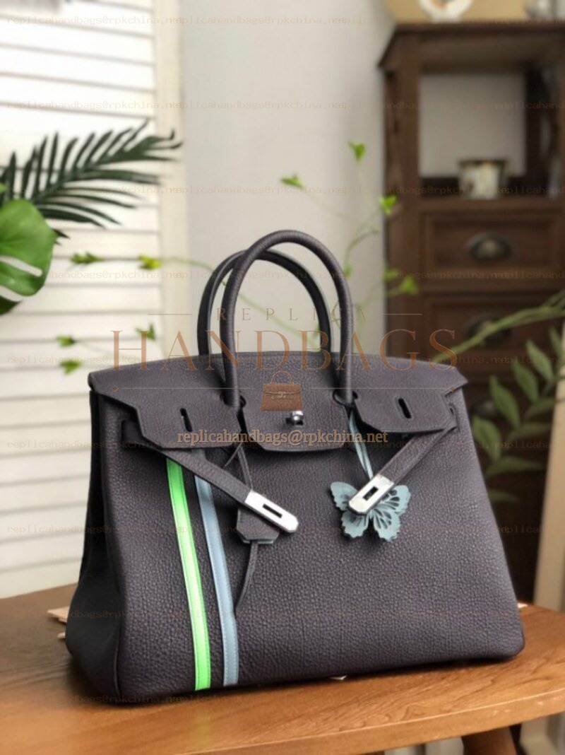 Replica Hermes Black Green White Stripe Birkin 35 Palladium Hardware Bag