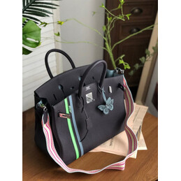 Replica Hermes Black Green White Stripe Birkin 35 Palladium Hardware Bag